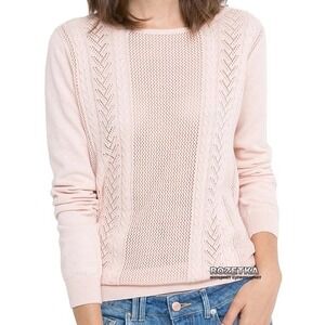MNG Basics Mango Pink Pointelle Cable Knit Sweater Black Bow Keyhole Back Medium
